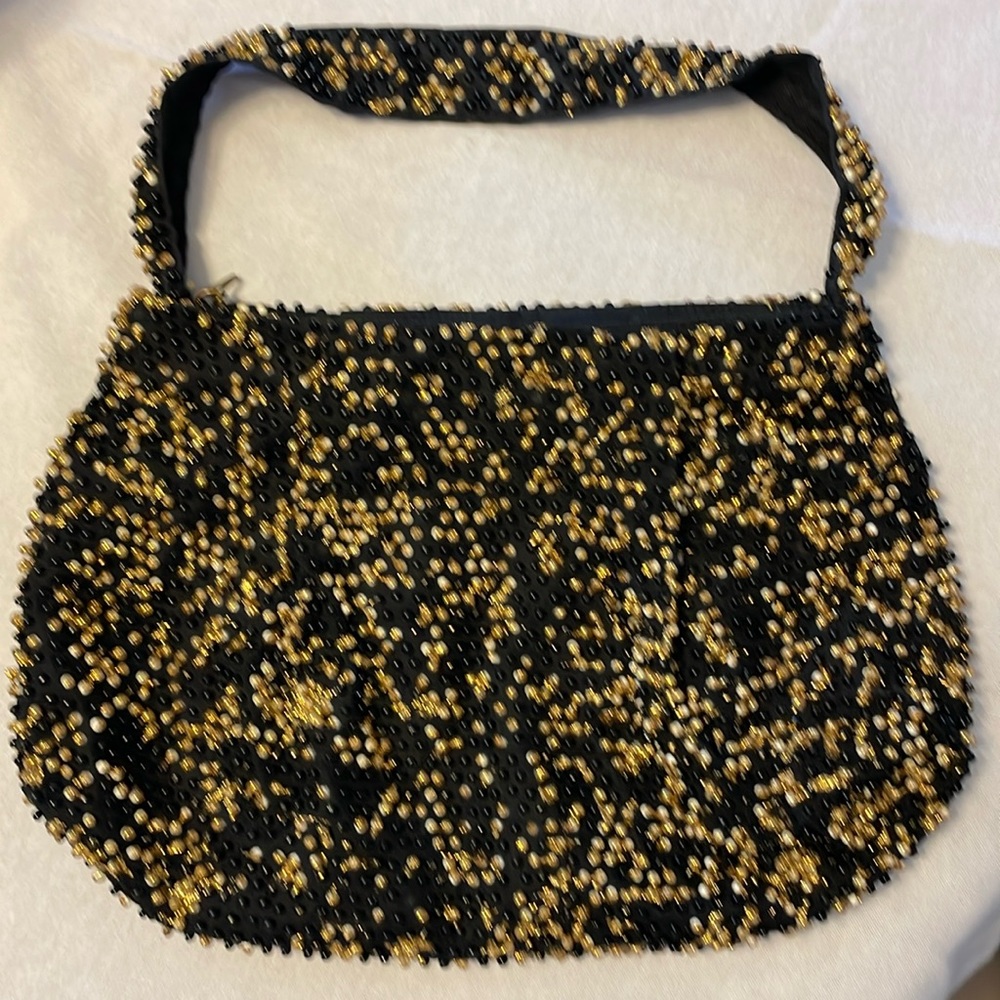 Vintage beaded evening small purse bag black white and gold dots